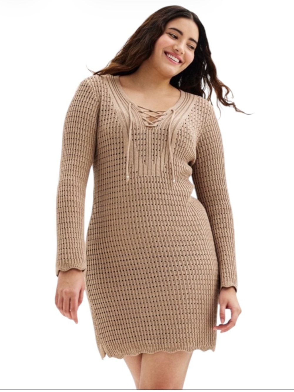 NWT INTEMPO Tan Crochet Dress Bell Sleeve Lace Up V-Neck Sweater Mini Dress XXL